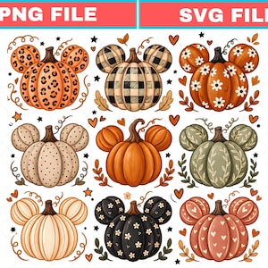 May include: A digital graphic set featuring nine pumpkin illustrations with mouse-ear shapes. Designs include leopard print, black and white plaid, white flowers, polka dots, solid orange, green vines, cream stripes, black flowers, and pink hearts.