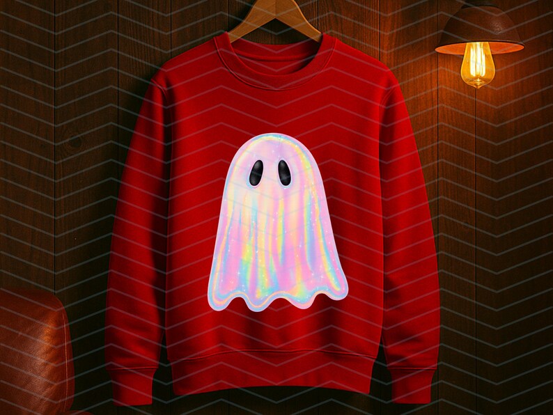 Puede incluir: Una sudadera roja con un gran gr&aacute;fico de fantasma iridiscente. El fantasma tiene una apariencia nacarada, similar al arco&iacute;ris, con ojos ovalados negros. La sudadera est&aacute; colgada en una percha de madera contra una pared de paneles de madera oscura.