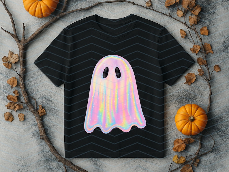 Puede incluir: Camiseta negra con un dise&ntilde;o de fantasma hologr&aacute;fico. El fantasma tiene un acabado nacarado e iridiscente con ojos ovalados negros. La camiseta est&aacute; decorada con un patr&oacute;n de chevr&oacute;n. Dos peque&ntilde;as calabazas y ramas con hojas est&aacute;n en el fondo.