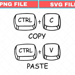 以下が含まれることがあります： キーボードショートカットを示す白黒グラフィック。画像には「CTRL + C」と「COPY」、「CTRL + V」と「PASTE」が表示されています。画像の上部には、赤と青のバナーで「PNG FILE」と「SVG FILE」というテキストがあります。