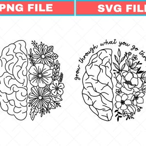 Puede incluir: Dos ilustraciones en blanco y negro de un diseño de cerebro. Una muestra un cerebro dividido con flores, la otra tiene el texto "grow through what you go through" con flores. Las imágenes están etiquetadas como "PNG FILE" y "SVG FILE".