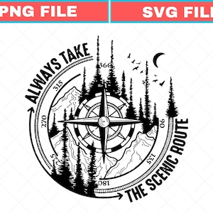 Puede incluir: Diseño gráfico en blanco y negro con una rosa de los vientos rodeada de montañas y árboles. El texto dice "ALWAYS TAKE THE SCENIC ROUTE". Incluye una luna y pájaros, adecuado para entusiastas del aire libre.
