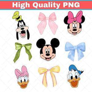 May include: A collection of cartoon character faces and bows. The characters include Goofy, Minnie Mouse, Mickey Mouse, Daisy Duck, and Donald Duck. The bows are in various colors, including pink, green, yellow, and blue. The text "High Quality PNG" is at the top.