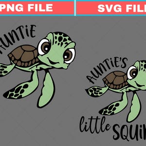 May include: Two cartoon sea turtles with the text "Auntie" and "Auntie's little squirt". The turtles are green and brown with large eyes and a smiling expression. The background is gray.