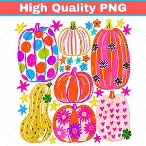 May include: A digital illustration featuring six pumpkins in various shapes and sizes, decorated with colourful patterns including polka dots, stripes, floral motifs, and hearts. The design is accented with small star and flower shapes in bright neon colours.