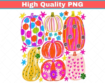 Colorful Pumpkin Collage PNG, Hand Drawn Fall Sublimation, Autumn Stars Shirt (Digital Download)