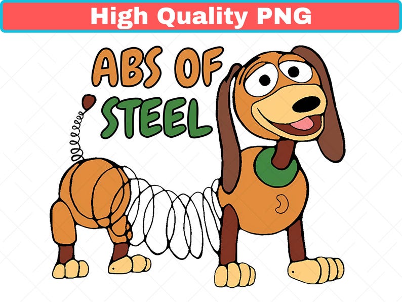 May include: A cartoon illustration of a dachshund dog with a spring-like body. The dog is brown and tan with the text "ABS OF STEEL" in orange and green. A red and blue banner at the top says "High Quality PNG".