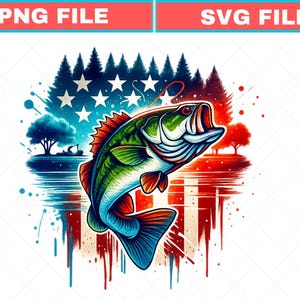 Bass Fish Fourth of July Watercolor: Sublimation Design (Digital Download)