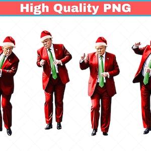 Könnte beinhalten: Vier Bilder einer Person in rotem Anzug, grüner Krawatte und Weihnachtsmütze, in einer Tanzpose. Der Text "High Quality PNG" befindet sich in einem roten Banner. Festliches Thema.