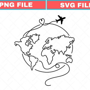 Può includere: Illustrazione in bianco e nero di una mappa del mondo con un aereo che la sorvola. Le parole "PNG FILE" e "SVG FILE" sono nello striscione superiore.