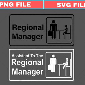 Może przedstawiać: Dwa czarno-białe znaki. Na górnym znaku widnieje napis "Regional Manager", a na dolnym "Assistant To The Regional Manager". Każdy znak przedstawia postać z patyków z teczką i drugą siedzącą przy stole.