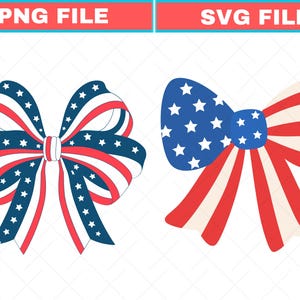 Puede incluir: Dos diseños de lazos patrióticos en rojo, blanco y azul. Uno presenta rayas y estrellas, mientras que el otro tiene un centro azul con estrellas y cintas a rayas. Los textos "PNG FILE" y "SVG FILE" se muestran encima de los lazos.
