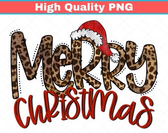 Leopard-Druck-Frohe Weihnachten mit Weihnachtsmütze, Frohe Weihnachten png, Weihnachten PNG Digital Design, Urlaub Sublimationsdesign Download