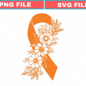 Puede incluir: Un lazo de concienciación naranja que presenta un arreglo floral de arte lineal detallado con múltiples flores y hojas superpuestas sobre la sección central e inferior del lazo. El diseño se presenta como un archivo digital para descargar.