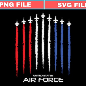 Könnte beinhalten: Schwarze Grafik mit weißen Düsenflugzeugen und roten, weißen und blauen Dampffahnen. Der Text "UNITED STATES AIR FORCE" ist unten in Weiß dargestellt. Die Wörter "PNG FILE" und "SVG FILE" stehen oben.