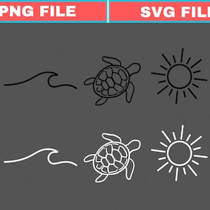 May include: Black and white line art illustrations of a wave, a sea turtle, and a sun. The image has the text "PNG FILE" and "SVG FILE" in a red and blue banner at the top.