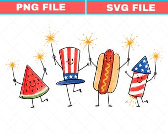 Patriotic Doodle SVG, Fourth of July Watermelon Hotdog Firework PNG (Digital Download)