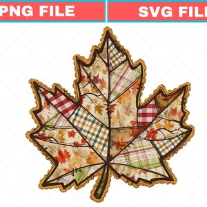 May include: A maple leaf graphic design featuring a patchwork pattern of various autumn-themed textures, including red and white gingham, green and white plaid, and scattered orange leaf prints, all outlined with a dark brown stitched border.