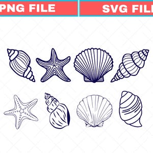 Może przedstawiać: Granatowe ilustracje muszli i rozgwiazd. Obraz zawiera różne rodzaje muszli i rozgwiazd, idealne do projektów o tematyce nadmorskiej lub żeglarskiej. Tekst u góry brzmi "PNG FILE" i "SVG FILE".