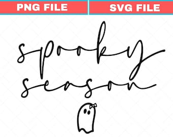 May include: A black digital graphic design featuring the text spooky season in a cursive script font. Below the text is a small, simple line-art illustration of a ghost wearing a tiny bow on its head. The design is presented on a white background.
