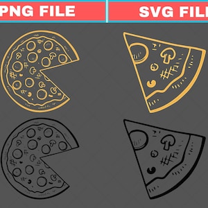 May include: A graphic illustration featuring two pizzas, one whole and one slice, in both PNG and SVG file formats. The top set is outlined in gold, while the bottom set is in black. The pizzas have toppings.
