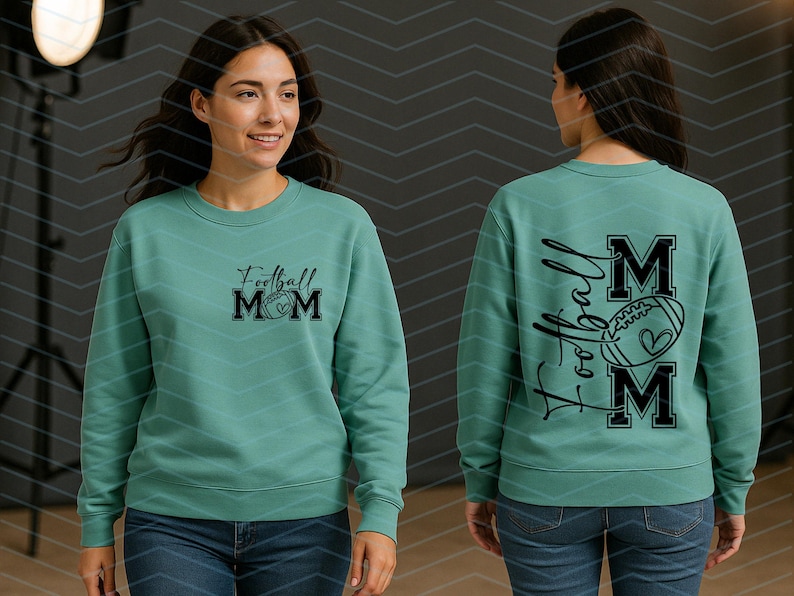 May include: A teal sweatshirt with the text "Football Mom" in black script and block letters, with a football graphic. The back of the sweatshirt also features the text "Football Mom" in a similar design.