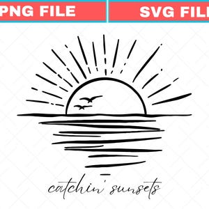 May include: Black and white illustration of a sunset over water with two birds flying. The sun is a half-circle with rays extending upwards. The text "catchin' sunsets" is written below the water line.