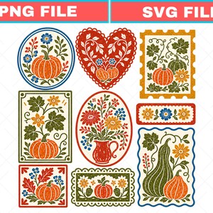 May include: A digital graphic set featuring eight distinct frames with autumn themes, including pumpkins, gourds, flowers, and leaves in orange, red, green, and blue. The top text reads PNG FILE and SVG FILE in white on red banners.