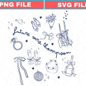 May include: A digital illustration in dark blue line art featuring the text future mrs. thompson surrounded by wedding-themed icons including a diamond ring, champagne flutes, a bouquet, candles, a cake, a disco ball, and ribbons.