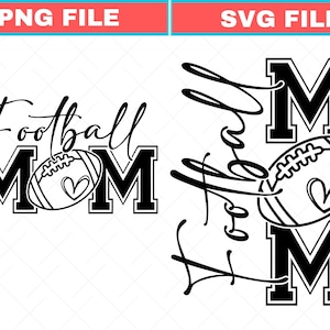 May include: Black and white graphic design featuring the words "Football MOM" with a football and heart graphic. The design is in a bold, blocky font with a cursive "Football" above the word "MOM".