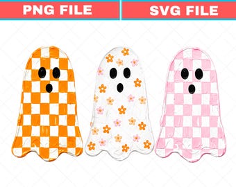 Halloween Ghost Trio SVG, Checkered Floral PNG (Digital Download)