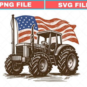 May include: Illustration of a tractor with an American flag waving in the background. The tractor is brown and has large tires. The flag is red, white, and blue. The image has the text "PNG FILE" and "SVG FILE" at the top.