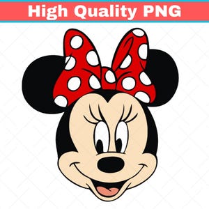Puede incluir: Ilustración de dibujos animados de la cara de Minnie Mouse. Tiene orejas negras, una cara sonriente y un lazo rojo con lunares blancos. La imagen tiene el texto "High Quality PNG" en una pancarta roja y azul.