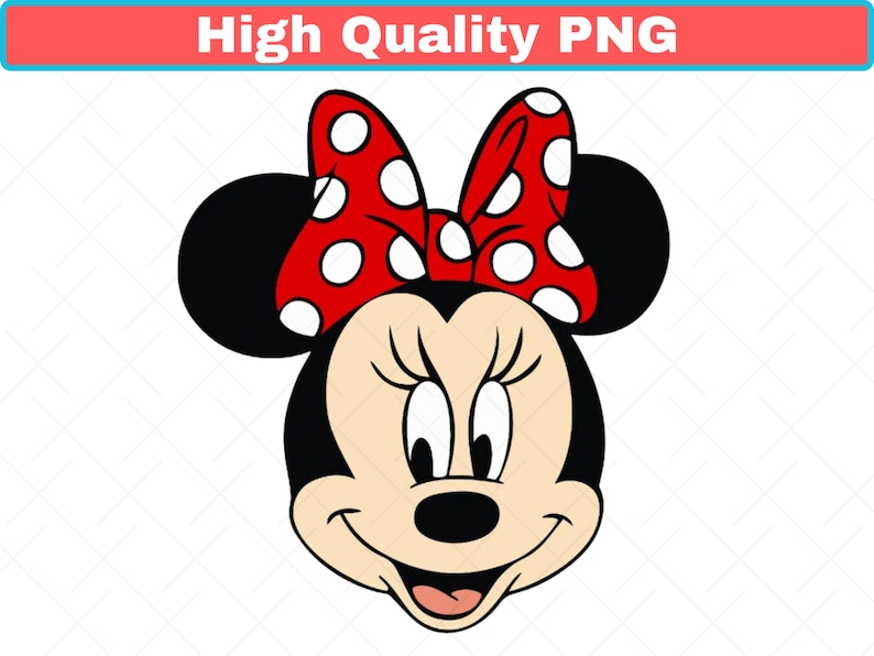 May include: A cartoon illustration of Minnie Mouse's face. She has black ears, a smiling face, and a red bow with white polka dots. The image has the text "High Quality PNG" in a red and blue banner.