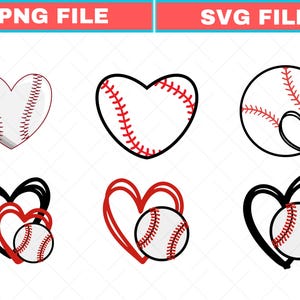 May include: A collection of baseball-themed graphics. The designs include baseballs and hearts, with red stitching details. The graphics are in PNG and SVG file formats, suitable for various creative projects.