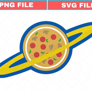 May include: A pizza-themed graphic with a planet design. The pizza has red pepperoni, green peppers, and mushroom toppings. The planet is surrounded by a yellow ring and a blue outline. The text "PNG FILE" and "SVG FILE" are at the top.