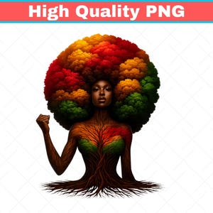 May include: Digital art of a woman with a tree-like body and a vibrant afro. The afro is a mix of red, yellow, and green. The woman's body transitions from tree bark to a green and red heart shape. The image has the text "High Quality PNG" at the top.