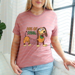 May include: A dusty rose t-shirt featuring a cartoon dog with a spring-like body and the text "ABS OF STEEL" in green and orange. The dog has brown and tan coloring with a green collar.