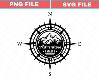Adventure Awaits Compass SVG, Mountain Hiking Clipart (Digital Download)