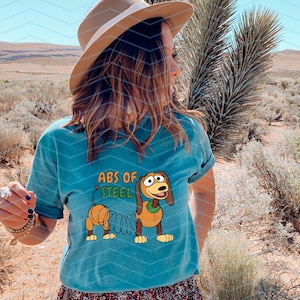 May include: Teal t-shirt featuring a cartoon image of Slinky Dog with the text "ABS OF STEEL". The design includes a brown dog with a spring body. The shirt is worn by a person in a desert setting.