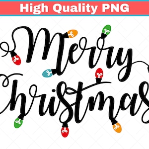 Può includere: Un design a script nero che recita "Merry Christmas" con luci di stringa colorate. Le luci sono rosse, verdi, blu e gialle. Le parole sono in un carattere corsivo.