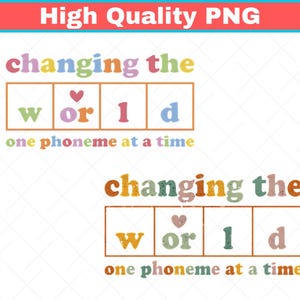 May include: Two digital graphic designs featuring the text 'changing the world one phoneme at a time'. The word 'world' is enclosed in a grid with a small heart above the 'o'. The top design uses pastel colors, while the bottom design uses muted, earthy tones with a distressed texture.