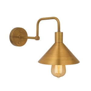 Modern Brass Wall Sconce with Cone Shade – Mid-Century Adjustable Plug-in Light for Reading Nook, Bedside, Japandi Accent Lighting
