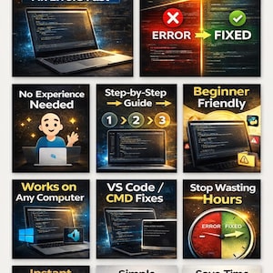May include: A promotional graphic with text about fixing Python errors. The image includes a laptop, a checkmark, and an X symbol. Text includes "Fix Errors Fast", "No Experience Needed", and "Beginner Friendly".