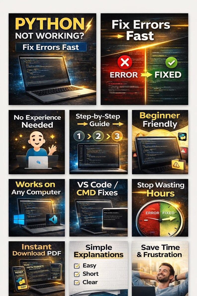 May include: A promotional graphic with text about fixing Python errors. The image includes a laptop, a checkmark, and an X symbol. Text includes "Fix Errors Fast", "No Experience Needed", and "Beginner Friendly".
