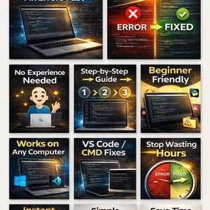May include: A promotional graphic with text about fixing Python errors. The image includes a laptop, a checkmark, and an X symbol. Text includes "Fix Errors Fast", "No Experience Needed", and "Beginner Friendly".