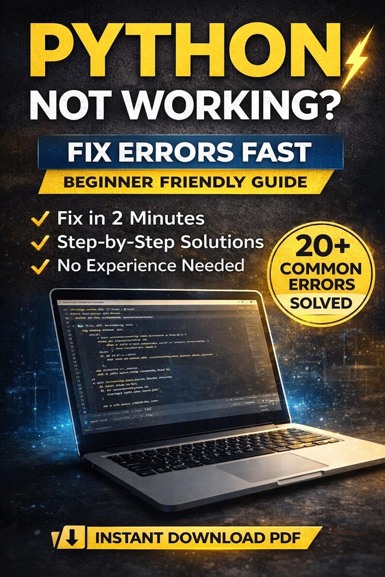May include: A book cover with the title "PYTHON NOT WORKING?" in yellow and white. The cover also includes the text "FIX ERRORS FAST" and "BEGINNER FRIENDLY GUIDE". A laptop displays code, and the cover promises solutions in 2 minutes.