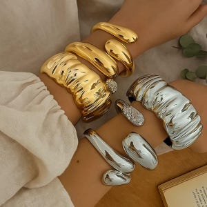 Sculptural Cuff Bracelet Set: Gold & Silver Statement Bangles