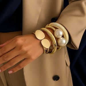 Sculptural Gold Cuff Bracelet Set: Chunky Pearl Bangle