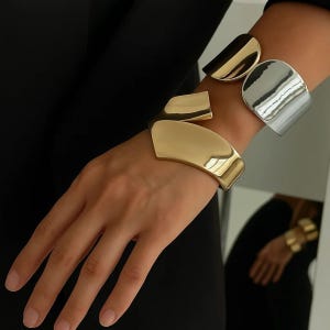 Sculptural Gold & Silver Cuff Bracelet Set: Modern Open Bangle